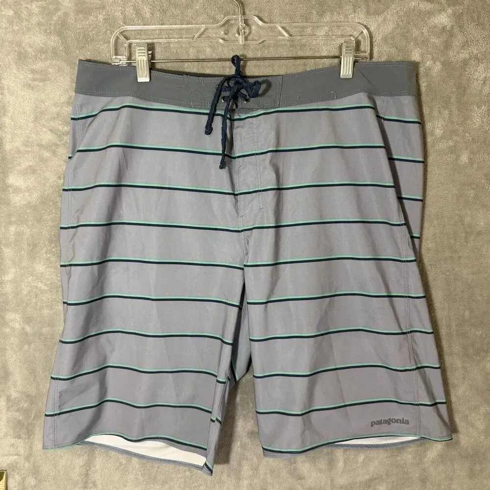Patagonia Hydropeak Board Shorts Sz 36 Striped Swim Trunks Gray Quick Dry Surf
